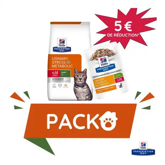 Prix choc - Pack Hill‘s C/D Urinary Stress Multicare + Metabolic pour chat au poulet sac de 3 kg avec 12 sachets