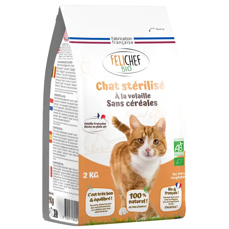 Offre flash - Felichef BIO - Croquettes BIO Sans Céréales pour Chat Stérilisé - 2Kg