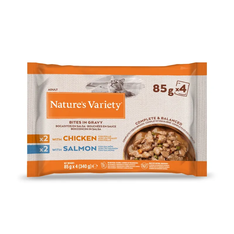 Retour facile | Nature‘s Variety - Multipack Bouchées en Sauce Poulet et Saumon pour Chats - 4x85g