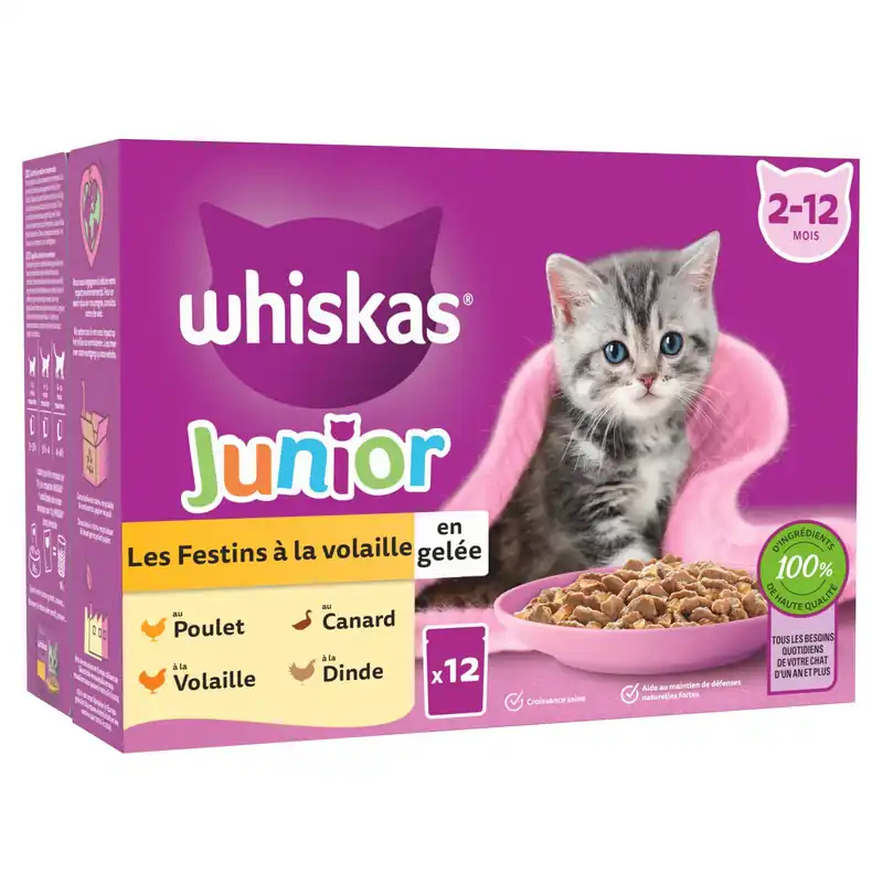 Cette semaine uniquement - Whiskas - Sachets Fraicheur Festins à la Volaille en Gelée pour Chatons - 12x85g