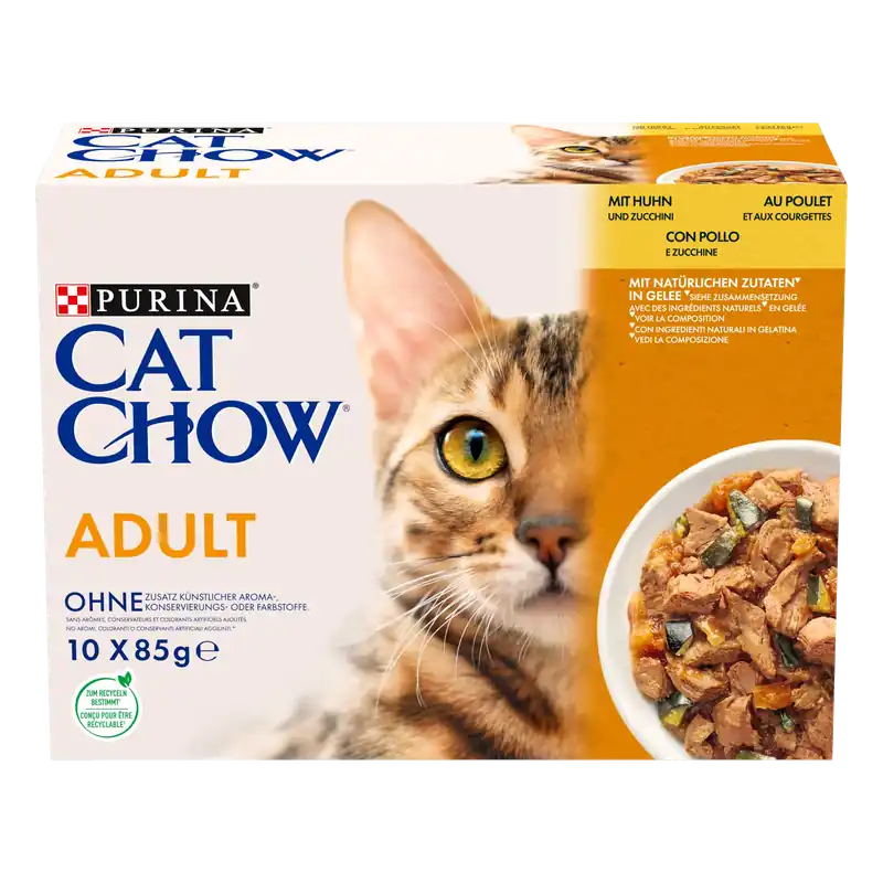 Prix usine - Cat Chow - Sachet Repas Adult Poulet Courgettes pour Chats - 10x85g