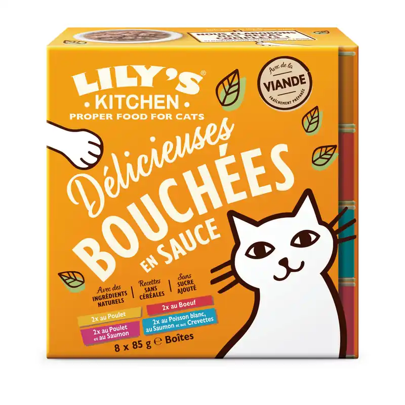 Très apprécié des clients | Lily‘s Kitchen - Bouchées en Sauce Poulet Saumon Boeuf Poisson Saumon et Crevettes - 8x85g