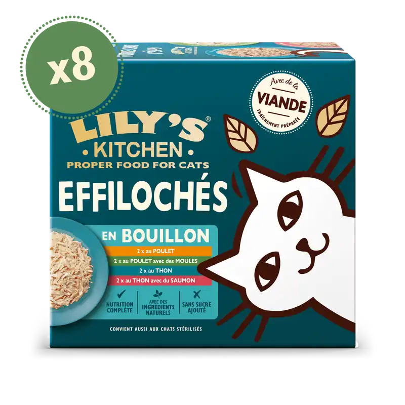 Qualité premium | Lily‘s Kitchen - Multipack Effilochés en Bouillon Recettes sans Céréales pour Chats - 8x70g