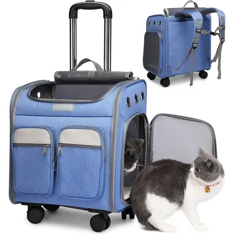 Rnemitery – Sac de transport pour chat à roulettes – Poignée télescopique – Tapis amovible lavable – 3 poches de rangement – Ventilation optimale - Produit tendance