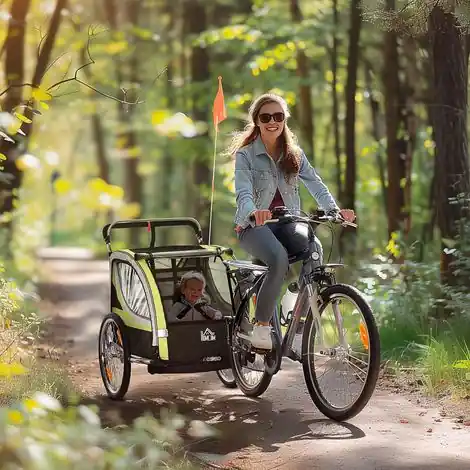 Remorque vélo et poussette enfant 2 en 1 – Frein, harnais 5 points, roues gonflables, poches latérales, réflecteurs, jaune - Prix avantageux