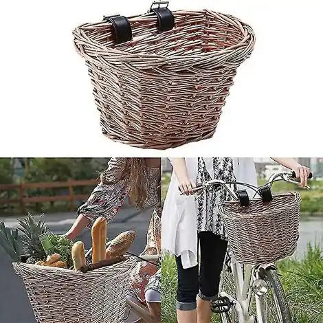 Panier de vélo en osier cuit à la vapeur – Forme de D – Sangle réglable et imperméable – Dimensions S/M/L disponibles - Quantité limitée