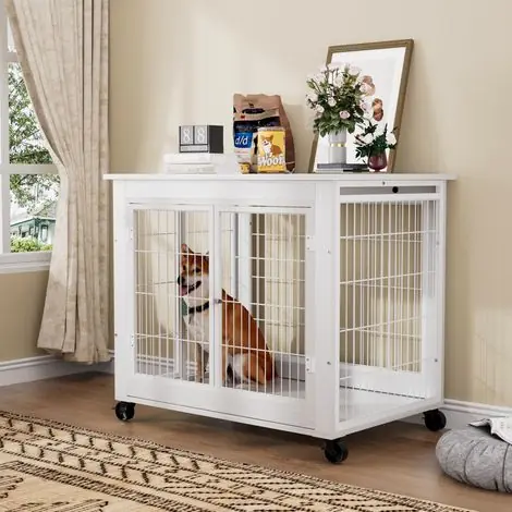 Cage pour chien style meuble, table niche en bois à double porte, niche pour chien d‘intérieur avec toit ouvrant, avec roulettes pour une mobilité facile, Blanc, 805669,5cm | Plus que quelques articles