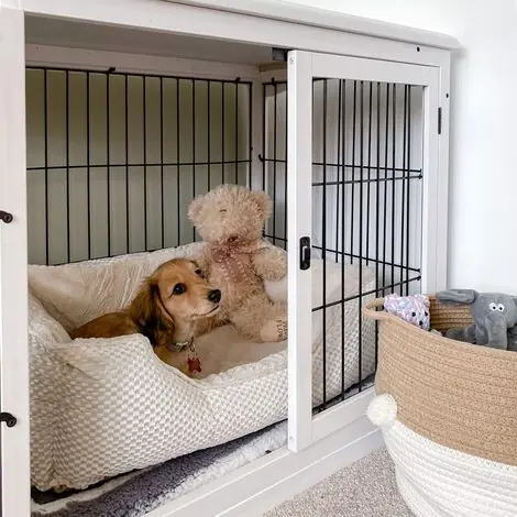 Cage pour chien intérieur en MDF E1, meuble 3 portes verrouillables, jusqu‘à 30 kg, 81L x 58l x 66H cm, noir et blanc - Premium