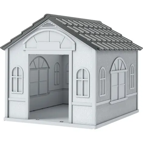 Niche pour chien avec toit en selle et fentre - Cabane en plastique, 65 x 75,7 x 63 cm, grise | Derniers exemplaires