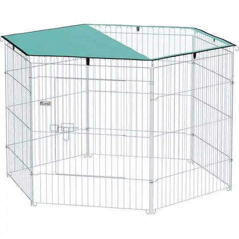 Disponible à la commande - Parc pour chien, enclos chien 6 panneaux avec toit, modulable et pliable, enclos portable 76H cm avec porte argent vert