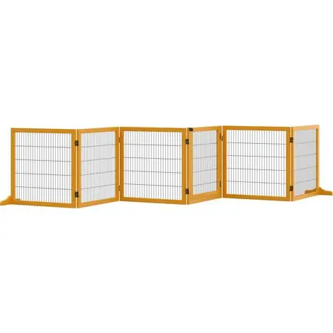 Barrière pour chien pliable en pin jaune, dimensions 432x36x70 cm, idéale pour la sécurité des animaux domestiques. | Promo exceptionnelle