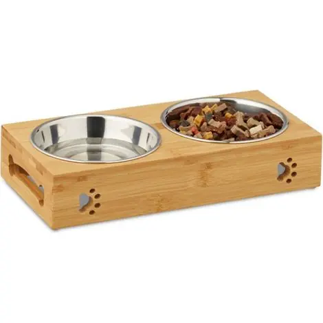 Comedero Perro, Soporte con 2 Cuencos, 300 ml, Acero Inoxidable-Bambú, 1 Ud., 6,5x31,5x15 cm, Plateado-Marrón | Achetez dès maintenant