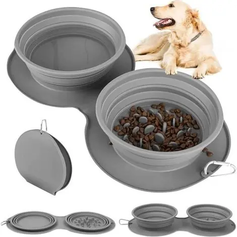 (gris)Gamelles Pliables pour Chien et Chat, Gamelle Anti Glouton Chien en Silicone avec ​Mousqueton pour Chat et Chiot Extérieur Voyage - Produit phare