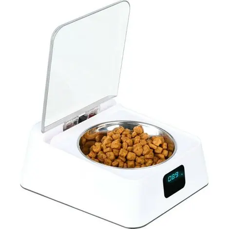 Achetez maintenant - Gamelle de 330 ml avec capteur infrarouge, couvercle en acier inoxydable à ouverture/fermeture automatique, câble de chargement USB, pause de 3 à 5 minutes, convient aux chats et aux chiens.