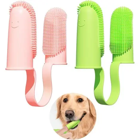Direct usine | Brosse à dents pour chien, lot de 2, poils enveloppants à 135°, pour le nettoyage des dents des chiens, brosse à dents pour chiots, chats et petits chiens (rose et vert)