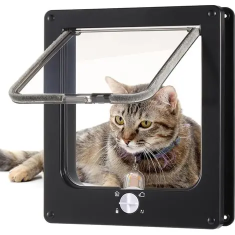 Chatière pour chat - Porte de sécurité silencieuse pour animal domestique avec serrure à 4 voies - Chatière résistante aux intempéries - Pour intérieur et extérieur - En bois UPVC (noir, L) | Prix réduit