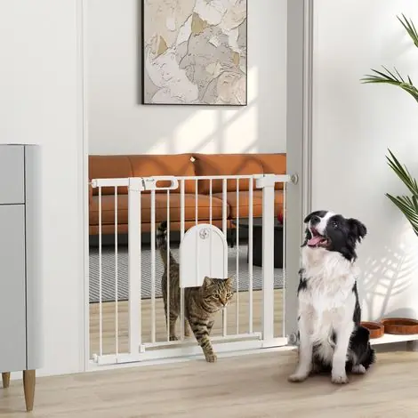 Barrière de sécurité animaux avec porte fermeture automatique système de double verrouillage, acier blanc - Nouveau chez nous