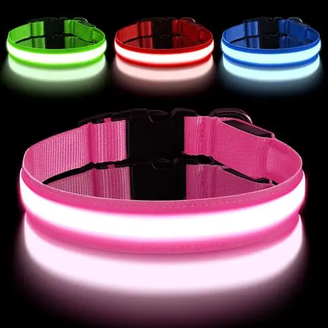 Collier Lumineux LED Rechargeable pour Chien, avec Port Type-C, Collier LED Chien Réglable avec 3 Modes D‘éclairag, Imperméable, pour Petits, Moyens et Grands Chien (L, Rose) | Liquidation