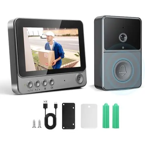 Sonnette sans Fil avec Caméra, IP65 Exterieur Etanche, 1080P HD Écran 4.3", 2.4G Sonnette Vidéo sans Fil, Audio Bidirectionnel, Vision Nocturne, Résistant aux intempéries, Supporte la MicroSD - Nouveau produit