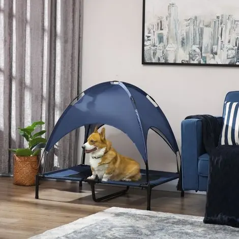 Panier pliable pour chien extérieur avec auvent, support surélevé, bleu et noir – confort, ventilation & protection UV - Livraison rapide