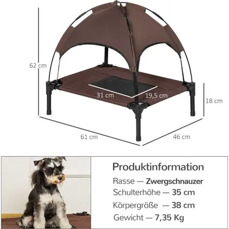 Direct fabricant - Lit de camping pour chien surélevé avec dais extérieur, tissu en taffetas respirant, marron, dimensions 61x46x62 cm