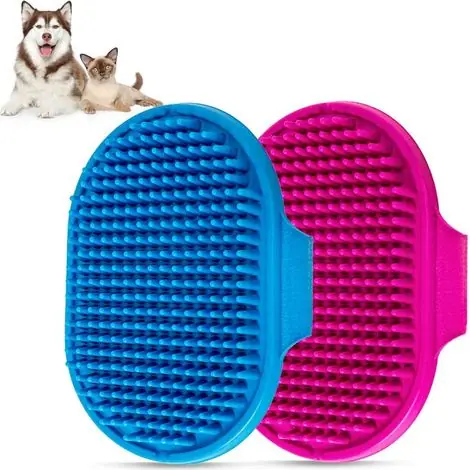 Commandez dès aujourd'hui | Brosse de bain pour chien, peigne de bain pour animaux de compagnie, peigne de massage apaisant en caoutchouc, lot de 2 avec poignée annulaire réglable pour chiens et chats à poils longs et courts (bl