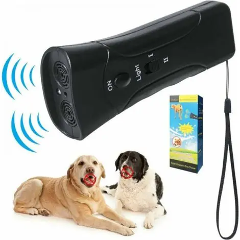 Bonne affaire | Répulsif à ultrasons pour chien - Double canal - Appareil anti-aboiement 3 en 1 - Outil de dressage pour chien avec lampe de poche LED