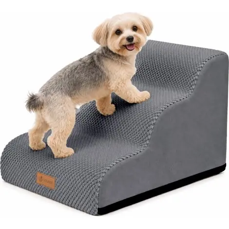 Offre spéciale - Vounot – Escalier pour chien et chat 3 marches – Mousse haute densité 30D – Housse amovible et lavable – Dimensions 57x40x40cm – Antidérapant gris