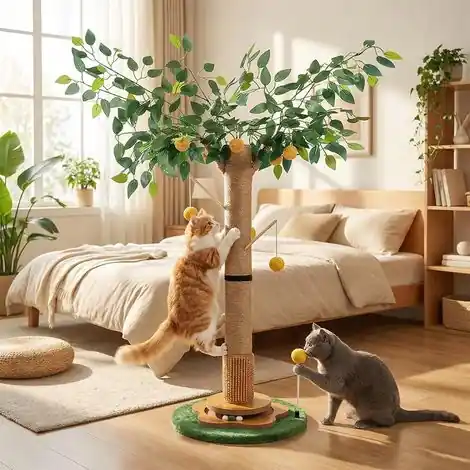 Neptune – Arbre à chat 104 cm – 3 niveaux – Base en bois 40 cm – 6 balles interactives – Corde sisal pour grands chats d‘intérieur | Nouveau produit