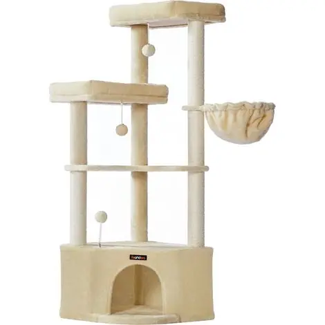 Arbre à Chat, 48,5 x 48,5 x 140,7 cm, Tour de Jeux pour Chats, avec Niche, Grandes Plateformes, Balles en Peluche, Hamac, Beige Sable | Livraison express