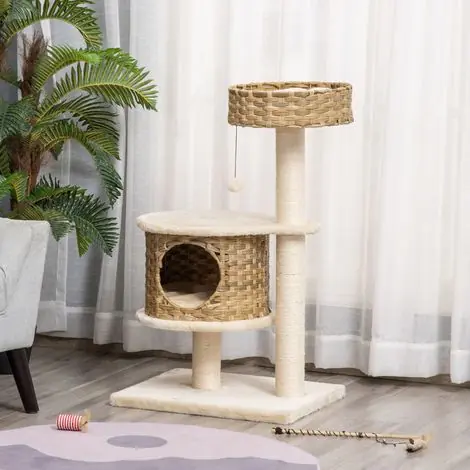 Arbre à chat en rotin avec niche et balle de jeu, pour petits chats, coloris naturel et beige | Remise supplémentaire