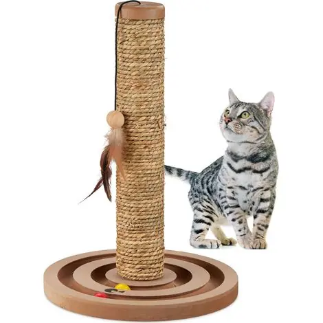 Nouveau en boutique | Relaxdays Griffoir pour chats, HxD 45x30 cm, tronc à gratter interactif, ficelle en herbier marin, avec jouet, marron