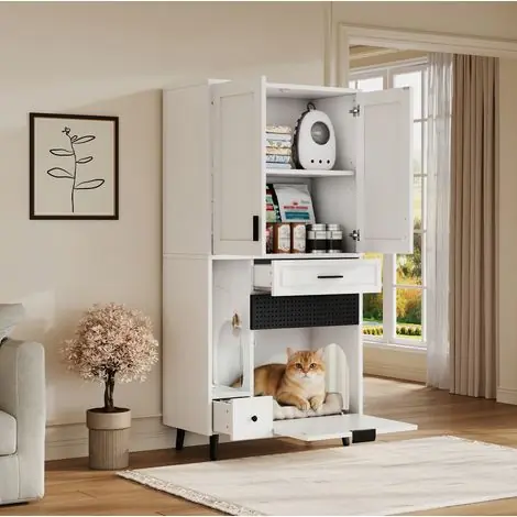 Meuble de rangement pour chat 80x40x161 cm blanc en bois d’ingénierie avec étagères réglables et niche - Paiement sécurisé
