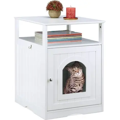Meilleur prix - Relaxdays – Maisonnette pour chat avec grande chatière – Dimensions H 64 x L 48 x P 53 cm – Étagère de rangement – MDF blanc