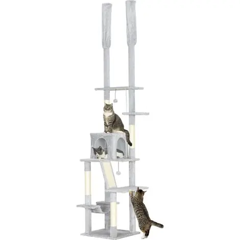 Arbre à chat de plafond à hauteur réglable 225-255 cm avec niche et hamac, gris clair | Remise