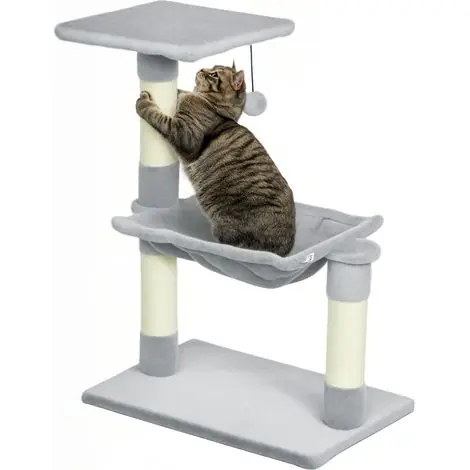 Arbre à chat 3 griffoirs grattoirs sisal naturel plateforme hamac et boule suspendue 50 x 26 x 70 cm peluche courte gris | Commandez dès maintenant