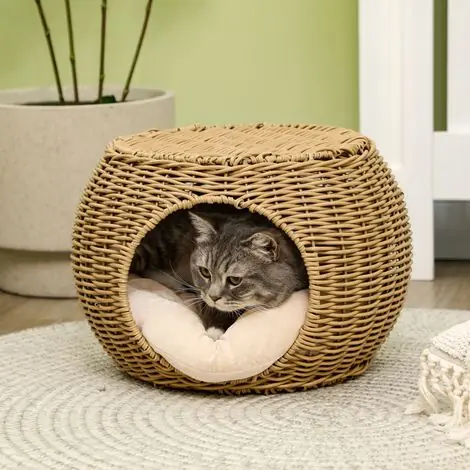 Prix avantageux - Niche chat 2 niveaux rotin coussin Ø40x30 cm marron clair