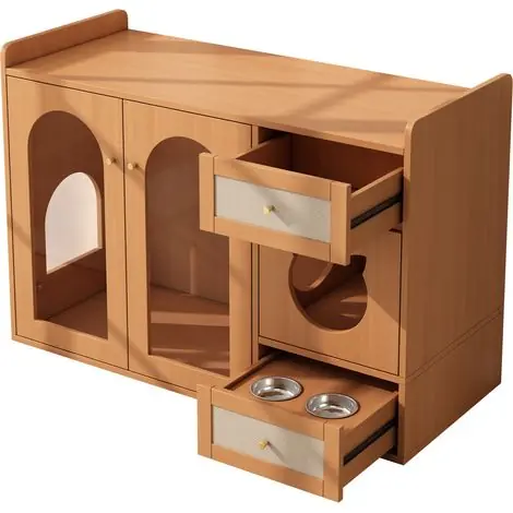 Meuble multifonction 5-en-1 pour chats avec zone litière cachée, espace repos et rangement, finition noyer, 120x45x76 cm - Tout juste disponible