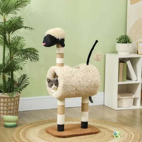 Stock presque épuisé | Arbre à chat en forme de mouton, avec griffoir, tunnel et jouets, 98 cm, marron clair