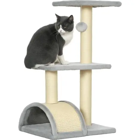 Arbre à chat 72 cm avec balles en peluche, poteaux en sisal, plateforme et griffoir, gris clair - Offre exceptionnelle