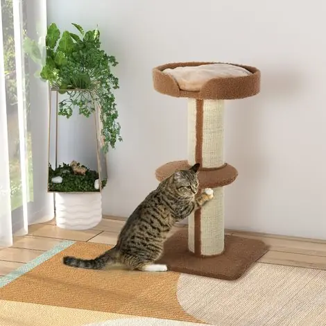 Réduction - Arbre chat griffoir centre activités 2 plateformes coussin marron clair, simple pour se percher