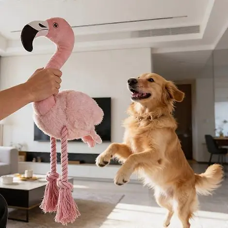 Commandez maintenant | Peluche Flamant Rose pour animaux de compagnie, jouet à mâcher interactif avec couineur, jouet de dentition pour chats et chiens, compagnon réconfortant
