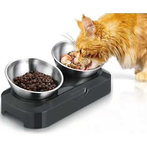 Gamelle en acier inoxydable pour chat et chien, 400 ml, double gamelle, adaptée à l‘alimentation des chats et des chiens, antidérapante et sans déversement - Prix malin