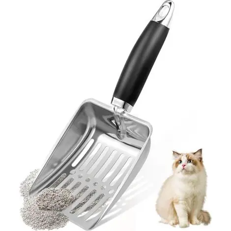 Disponible dès maintenant | Pelle à litière pour chat en acier inoxydable, pelle à mailles robuste, adaptée au bac à litière pour chat (argent)