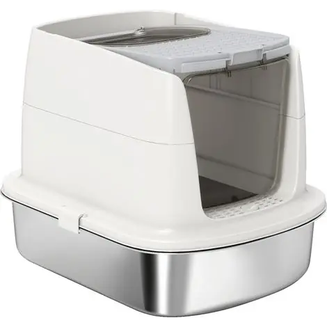 Bac litière acier inox maison fermée - Pelle + sac anti-odeur - Entrée/sortie | Commandez dès maintenant