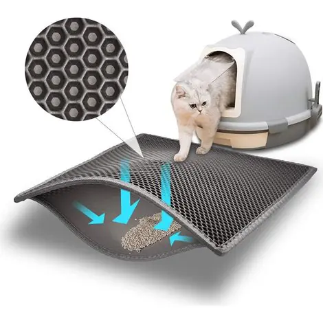 Promotion | (60x45 cm, Gris) Tapis Litière Chat Bac à Litière pour Chats, Imperméable Non Toxique EVA,Double Couche en Nid d‘abeille Design
