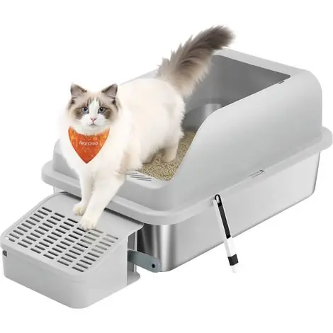 Bac à Litière pour Chat, en Acier Inoxydable, à Bords Hauts, Dessus Ouvert, Marche, Pelle, Brosse, pour Chats jusqu’à 15 kg, Gris Tourterelle | Prix choc