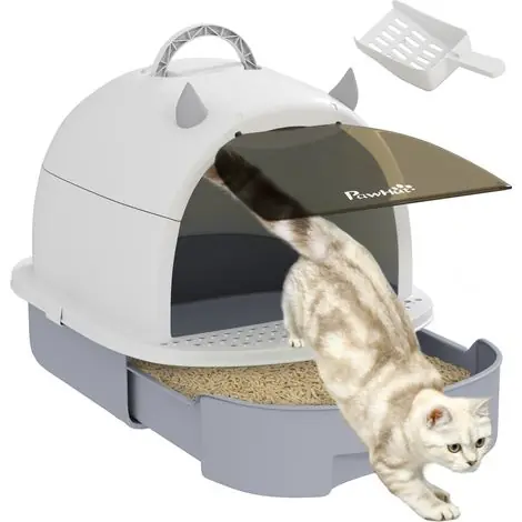 Bac à litière pour chat avec couvercle, pelle, tiroir inférieur et pédale d‘entrée, pour chats jusqu‘à 5 kg, 40,5 x 52 x 39 cm, gris - Offre exceptionnelle