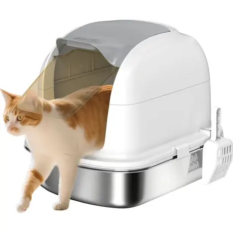 Bac litière acier inox couvercle – Bac récupération, pelle – Chats moins 5 kg – 52,4 x 41,3 x 42 cm – Blanc - Recommandé