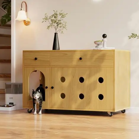 Arbre à chat - Armoire pour litière avec roulettes et bac amovible - Isolation des odeurs - 100x45x66cm | Prix bas